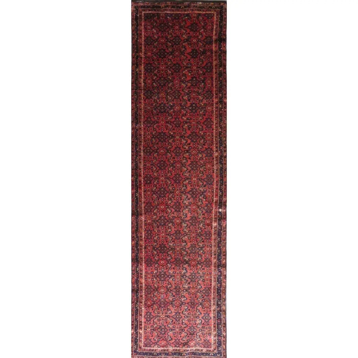 One Of The Kind Hand-Knotted Persian Wool Rug _ Luxurious Vintage Design, 12'9" x 3'3", Artisan Crafted
